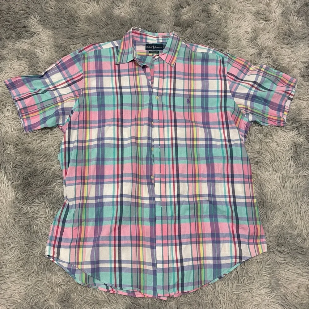 VINTAGE POLO RALPH LAUREN PLAID PASTEL SUMMER BUTTON DOWN SHIRT XL